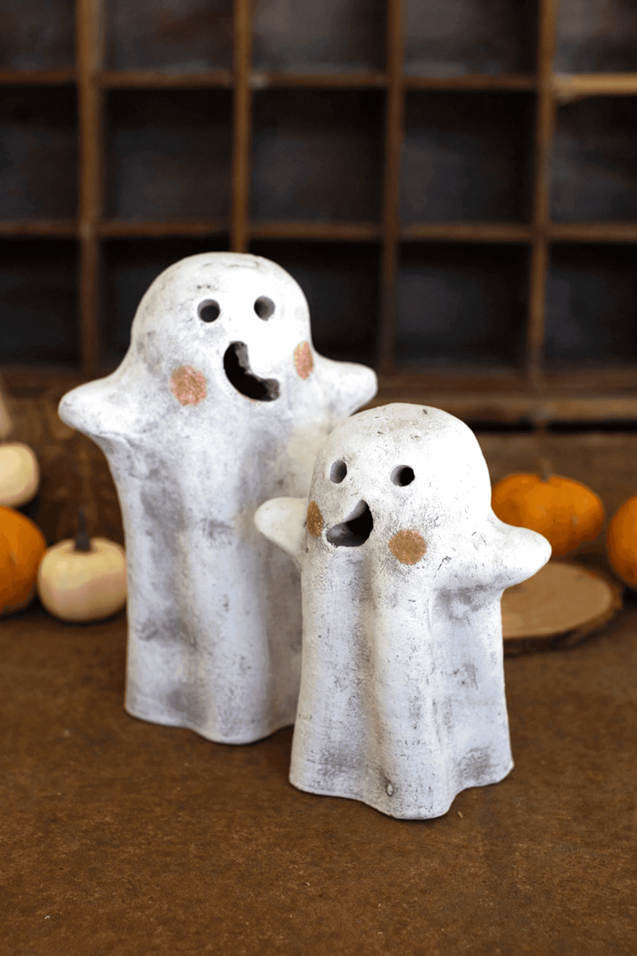 SET OF TWO TABLETOP CLAY GHOST LANTERNS Kalalou