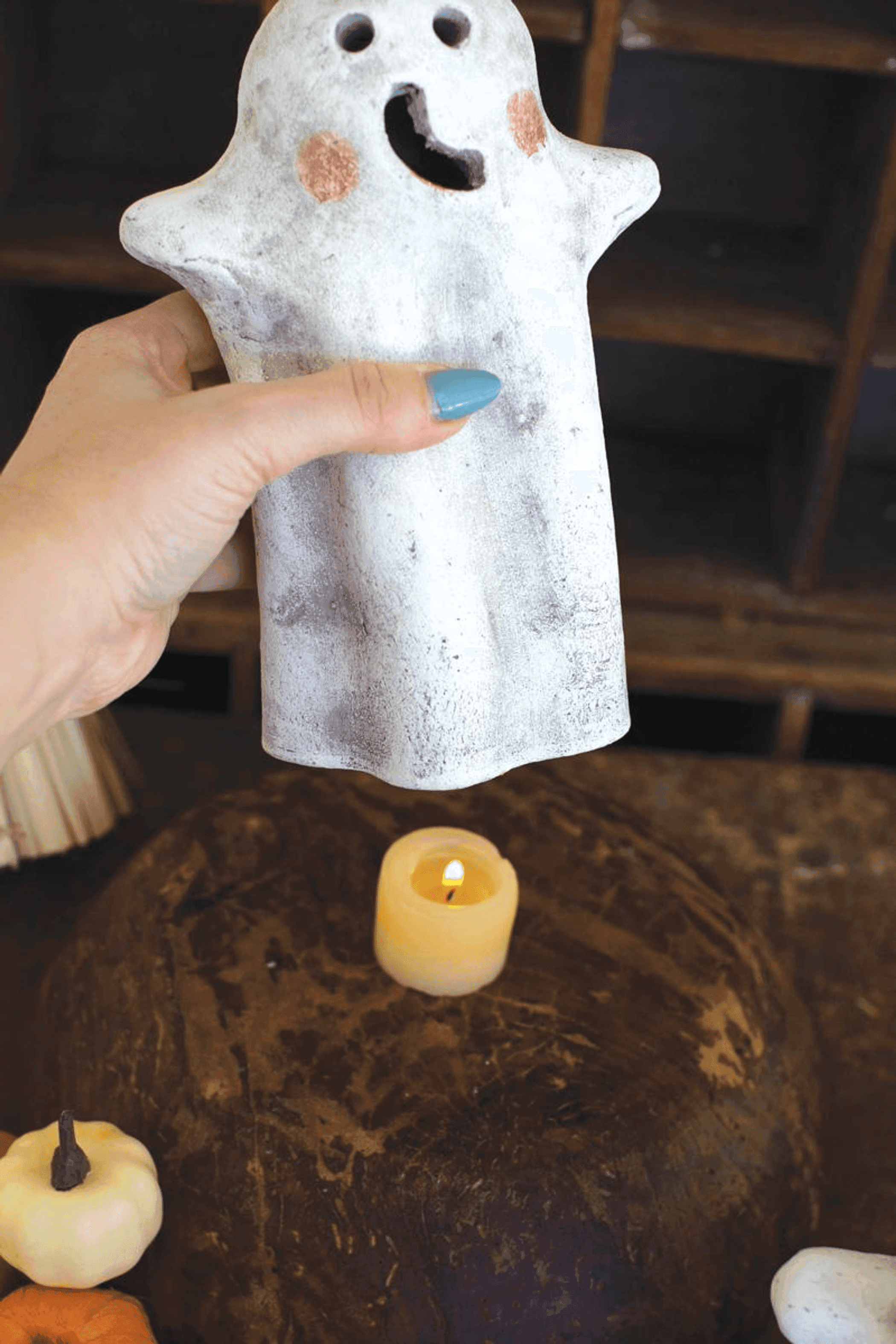 SET OF TWO TABLETOP CLAY GHOST LANTERNS Kalalou