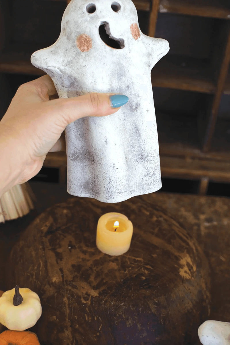 SET OF TWO TABLETOP CLAY GHOST LANTERNS Kalalou