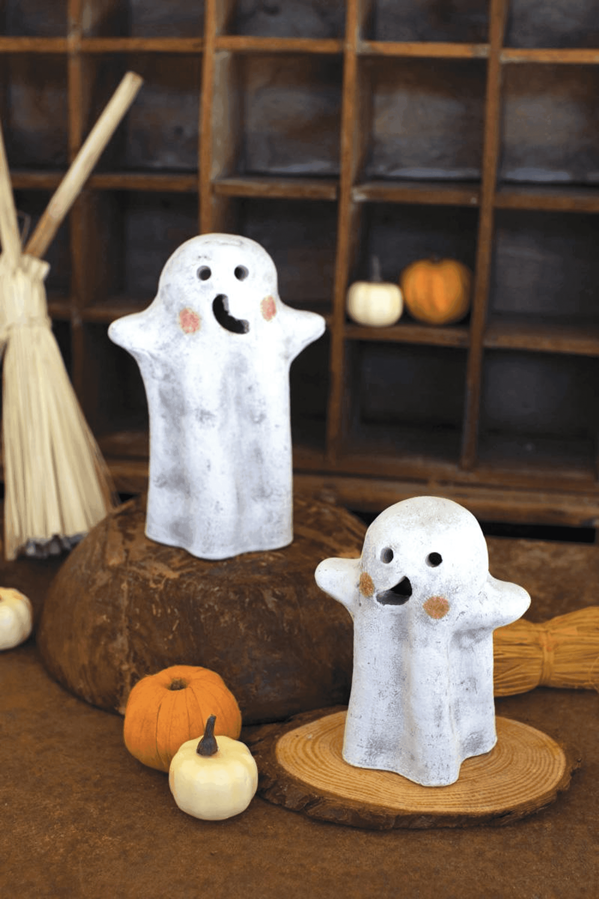 SET OF TWO TABLETOP CLAY GHOST LANTERNS Kalalou