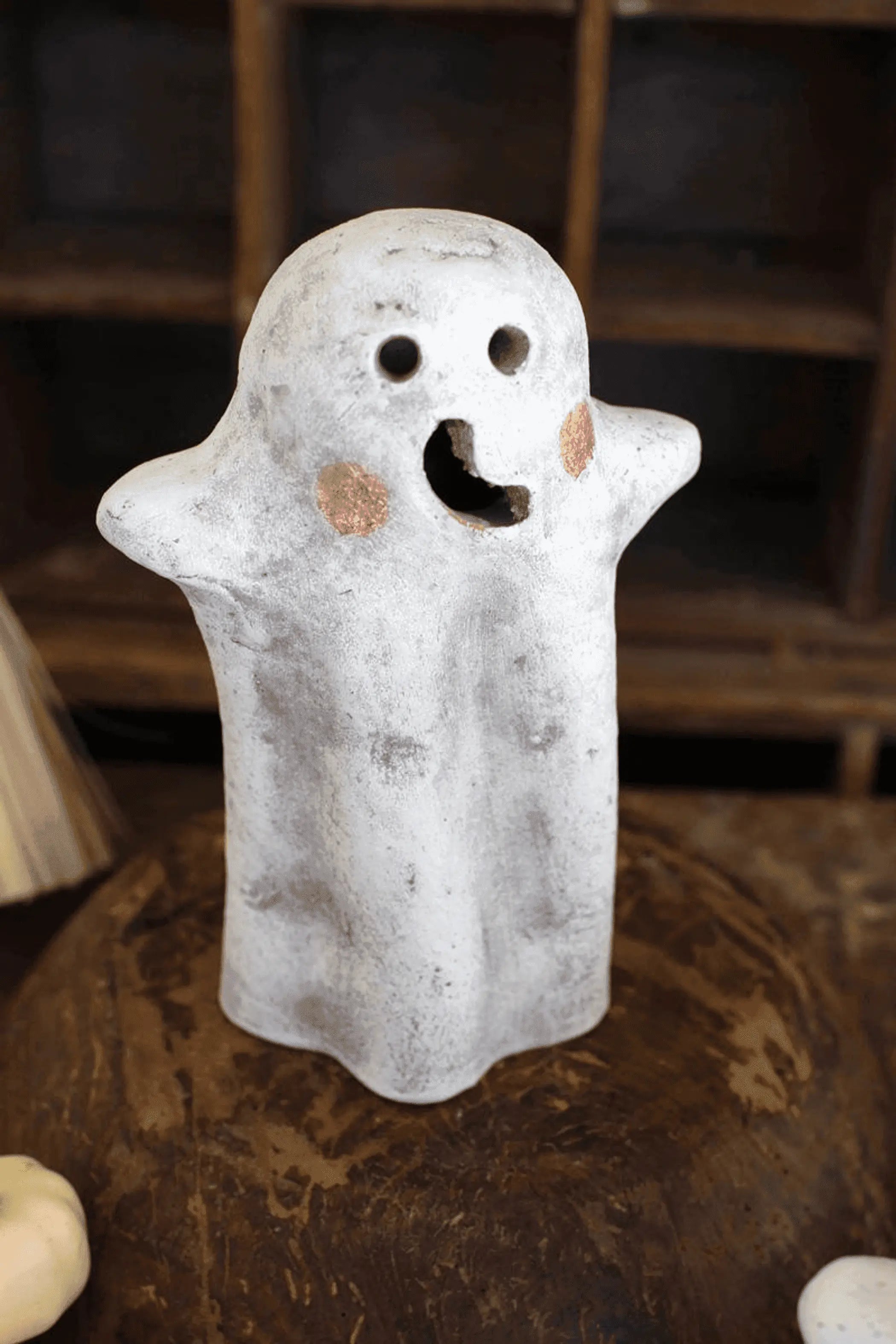 SET OF TWO TABLETOP CLAY GHOST LANTERNS Kalalou