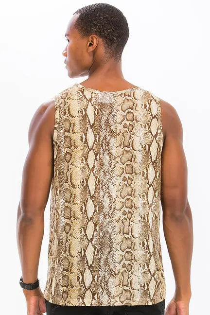 Men's sleeveless snake print tank top in brown and beige, made of lightweight fabric for a trendy summer look.
