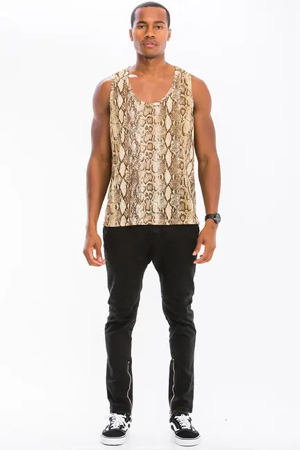 Men's beige snake print tank top, lightweight fabric, paired with black skinny jeans and casual sneakers.