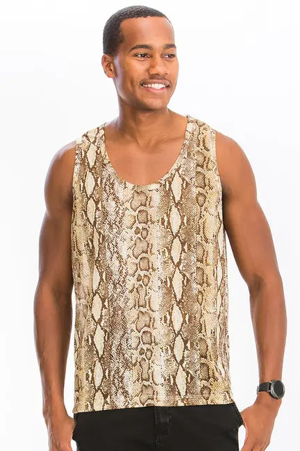 Men's sleeveless snake print tank top in beige and brown, perfect for casual summer wear.