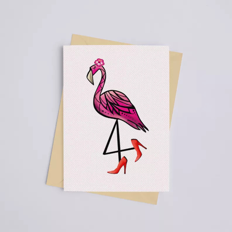 Sassy Flamingo with Heels Greeting Card Black Cat Bazaar
