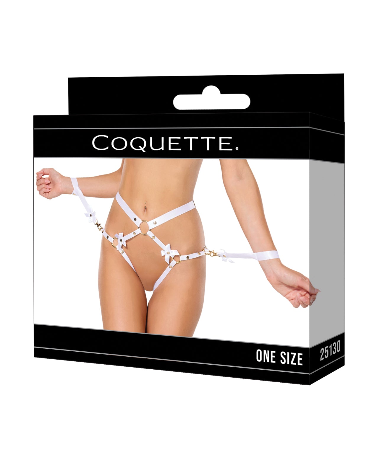 Satin Ribbon w/Elastic Harness & Cuffs Set - White/Gold O/S Coquette International