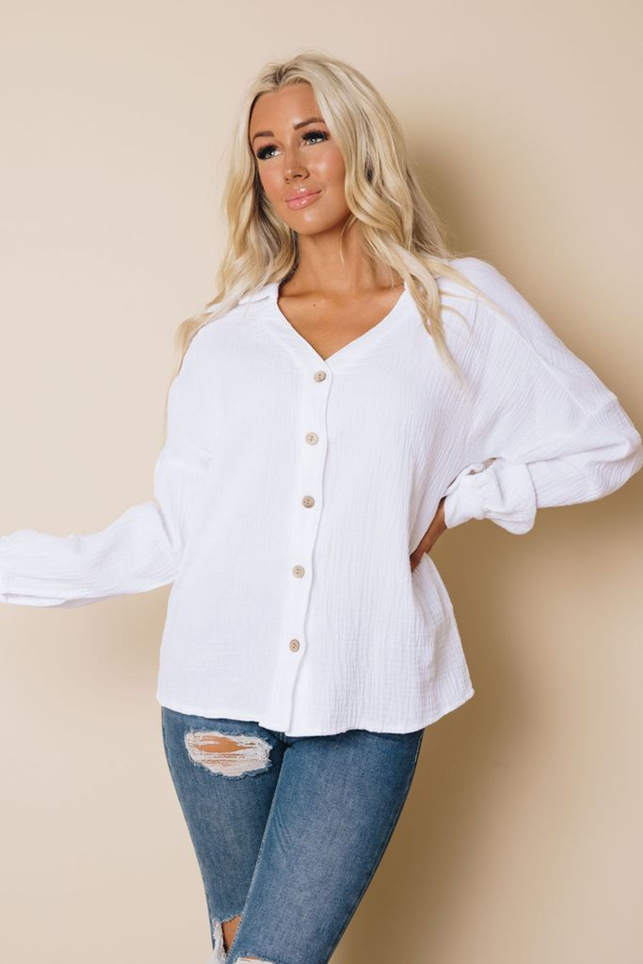 Saunders Button Up Top Stay Warm in Style