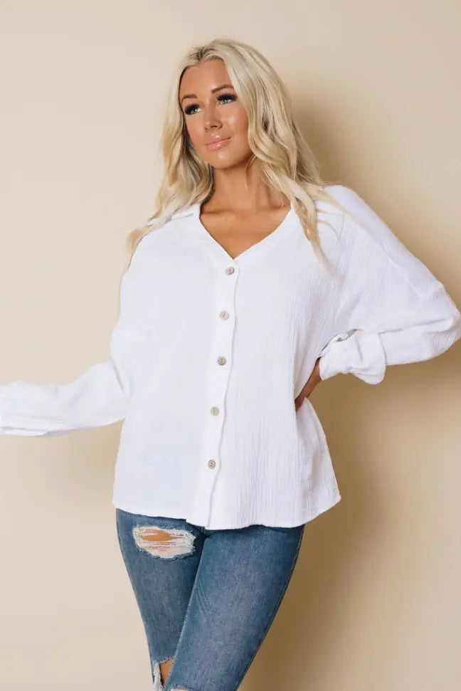 Saunders Button Up Top Stay Warm in Style