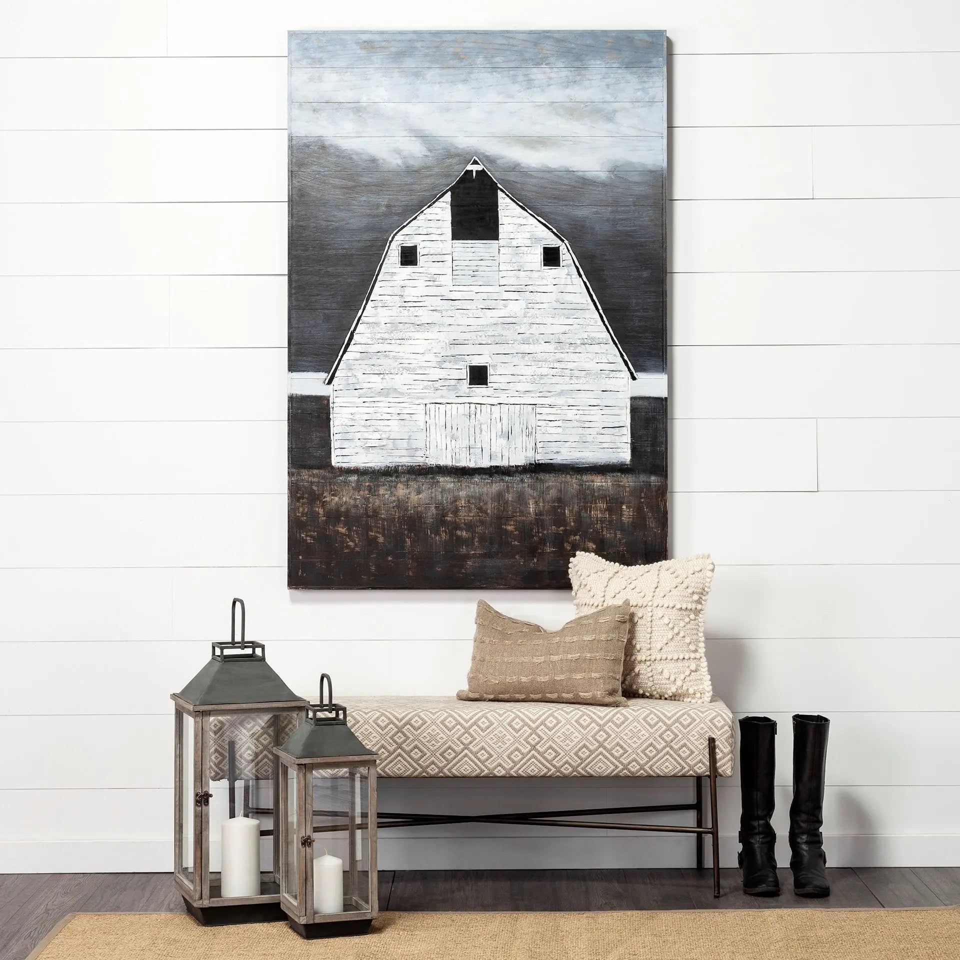 Sawmill Creek 42x62 Farmhouse White Barn Original Hand Painted on Wood Oil Painting Unframed Wall Art Homeroots Home Decor