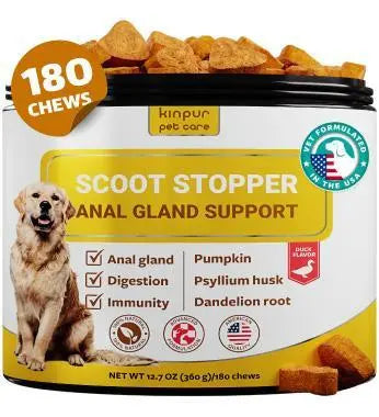 Scoot Stopper Dog Soft Chews w/Fiber - Stool Hardener for Dog Anal Gland Treatment, Digestion Support -180 Tasty Chews w/Natural Flaxseed, Pumpkin and Psyllium Husk for Dog Comfort Kinpur Pet Care
