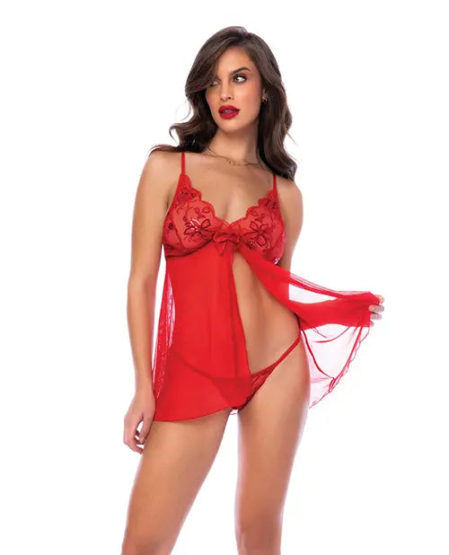 Sequin Embellished Babydoll w/G-String - Red - GreatEagleInc