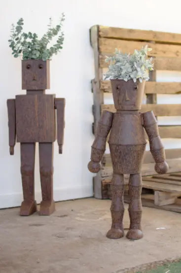 Set Of 2 Metal Robot Planters Large 14" X 9" X 37"T Small 16.5" X 7.5" X 31"T Kalalou