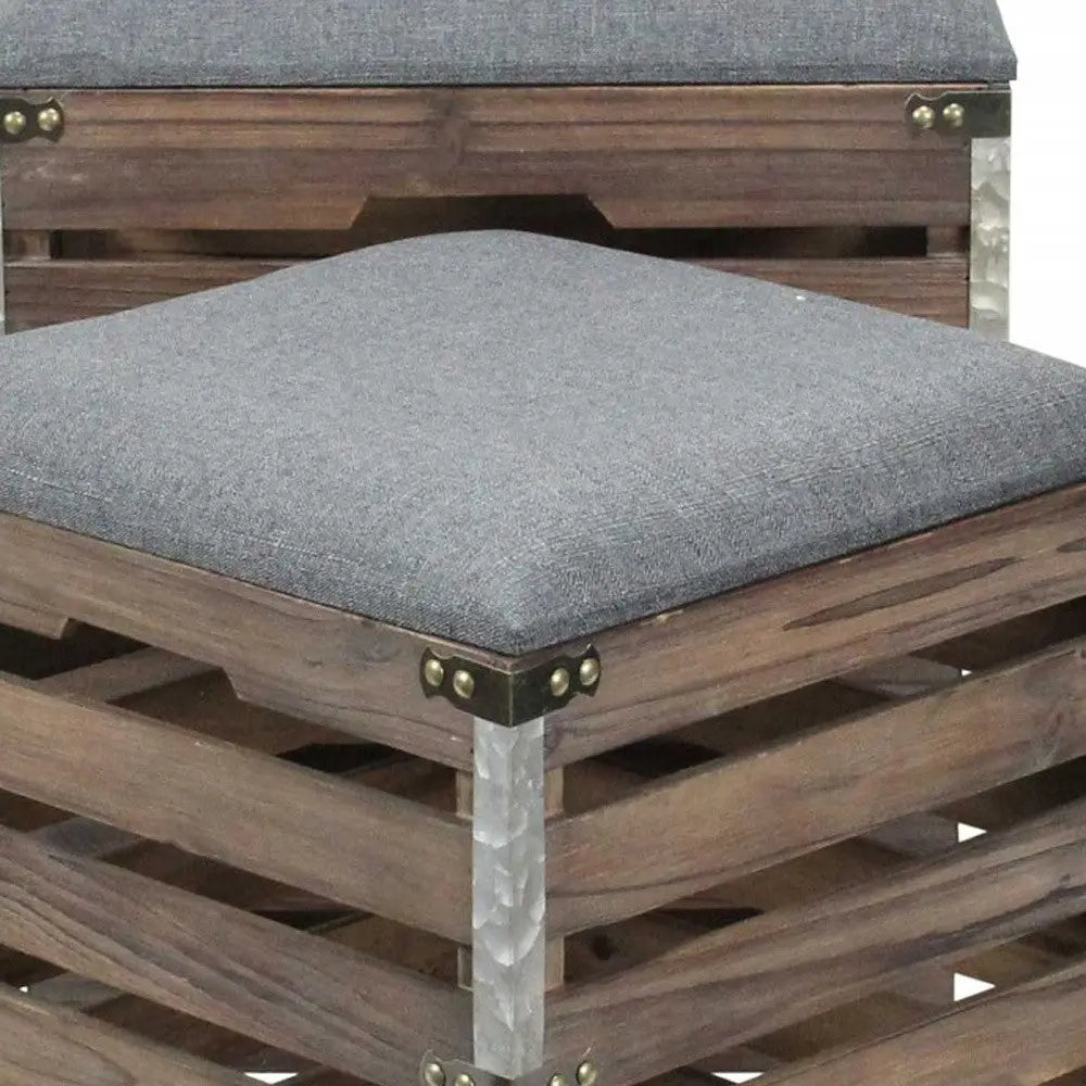 Set Of 2 Square Gray Linen Fabric And Wood Slats Storage Benches Homeroots Living Room