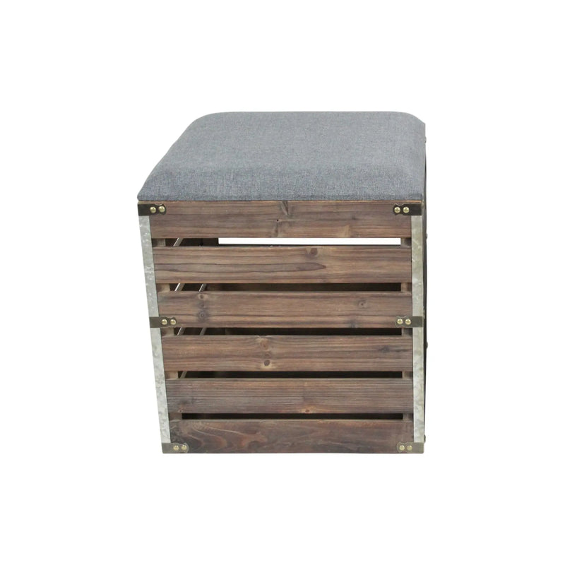 Set Of 2 Square Gray Linen Fabric And Wood Slats Storage Benches Homeroots Living Room
