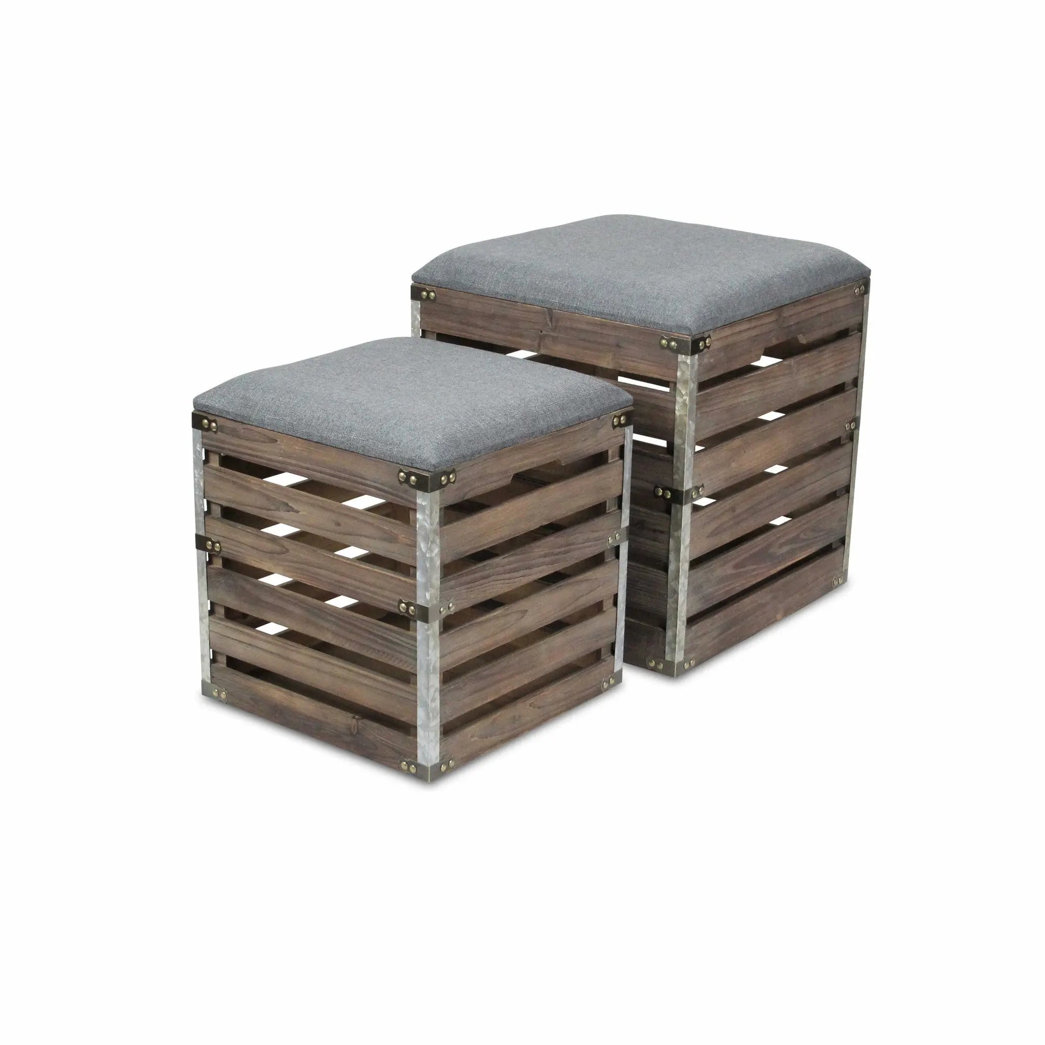 Set Of 2 Square Gray Linen Fabric And Wood Slats Storage Benches Homeroots Living Room