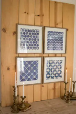 Set Of 4 Blue Block Geometric Prints Under Glass 19.5" X 19.5"T Each Kalalou
