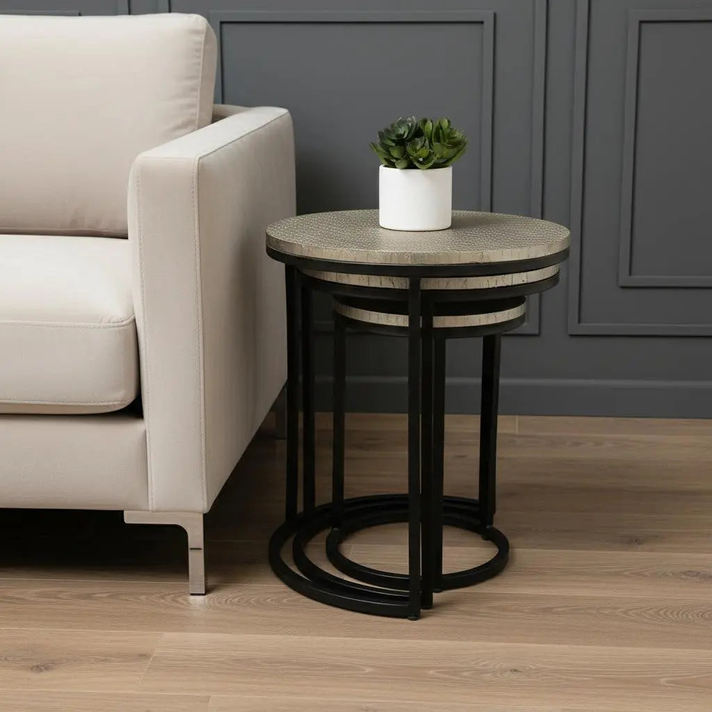 Set Of Three 19" Black And Silver Round Nested Tables Homeroots Living Room