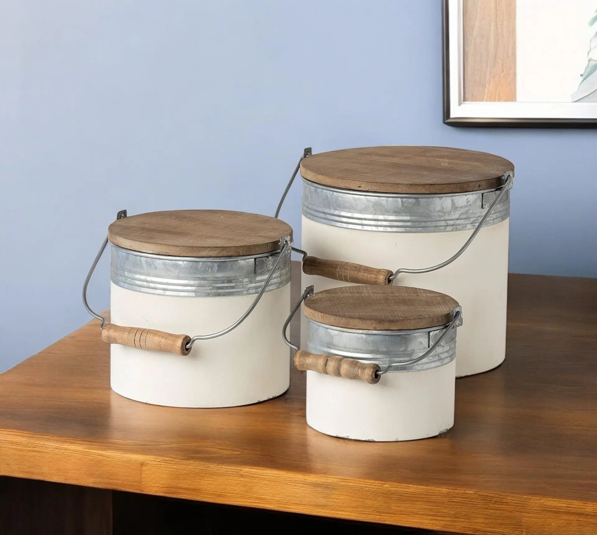 Set Of Three Rustic White Metal Storage Cans Homeroots Office