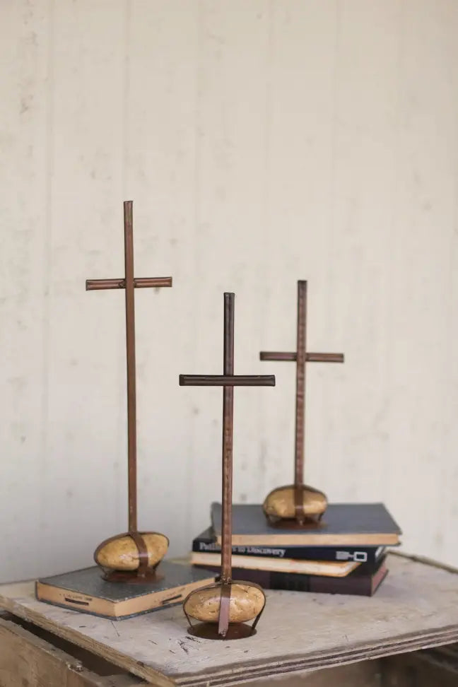 Set Of Three Scrap Metal Crosses With Caged Rock Bases Kalalou