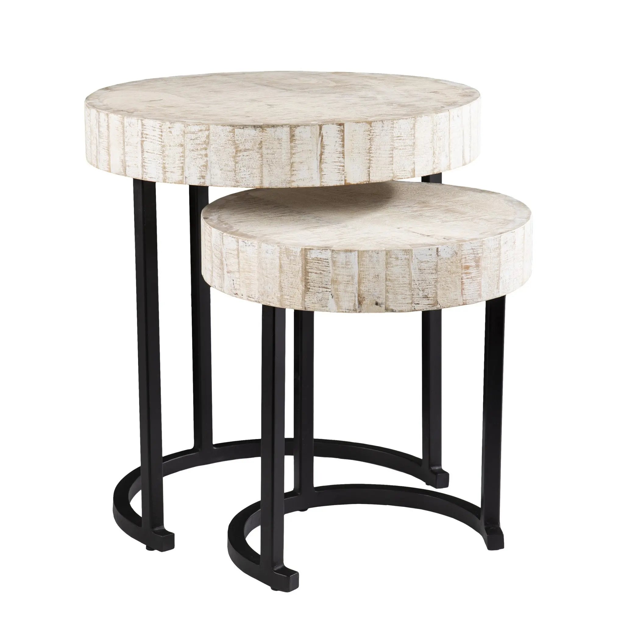 Set Of Two 21" White Solid Wood And Iron Round Nested Tables Homeroots Living Room