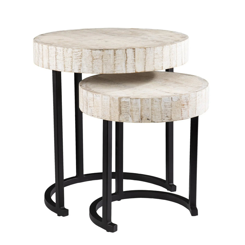 Set Of Two 21" White Solid Wood And Iron Round Nested Tables Homeroots Living Room