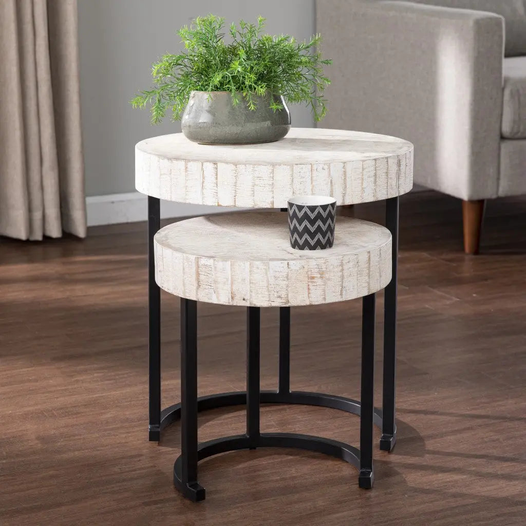 Set Of Two 21" White Solid Wood And Iron Round Nested Tables Homeroots Living Room