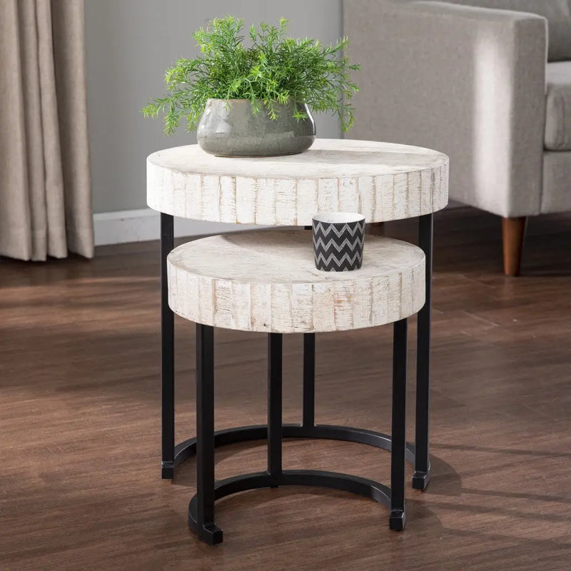 Set Of Two 21" White Solid Wood And Iron Round Nested Tables Homeroots Living Room