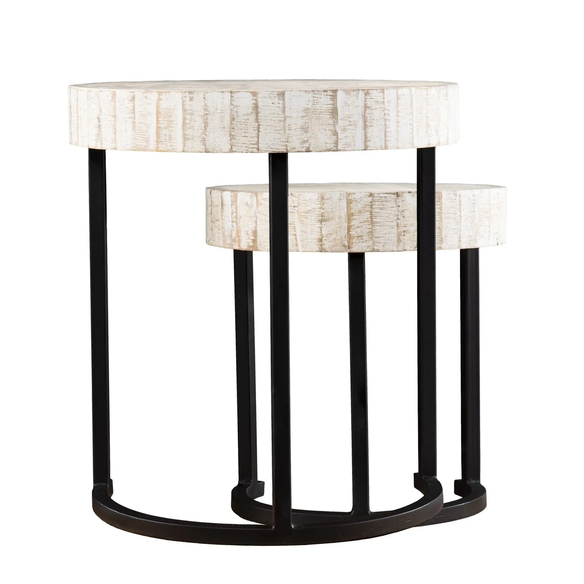 Set Of Two 21" White Solid Wood And Iron Round Nested Tables Homeroots Living Room