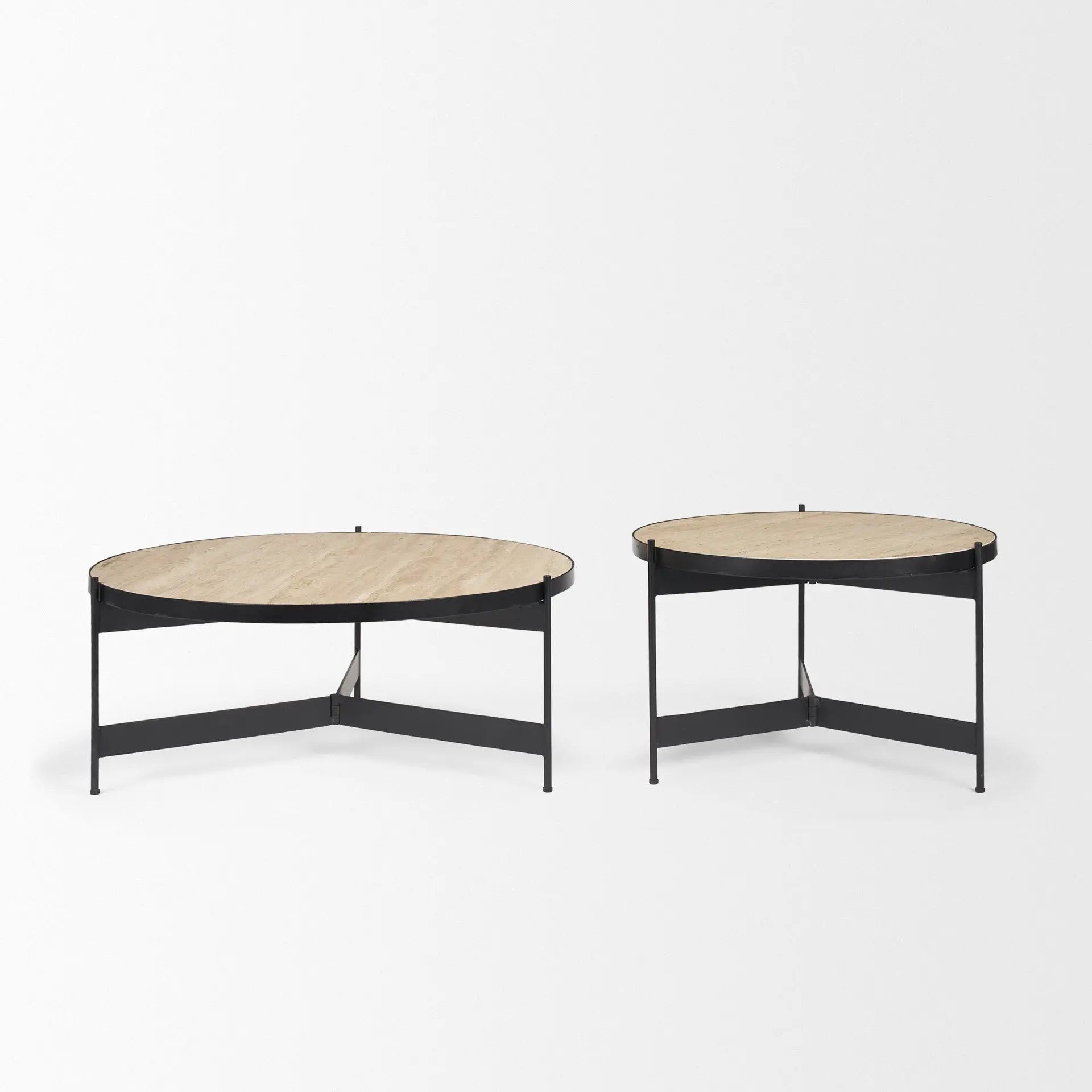 Set Of Two Beige and Black Stone and Iron Round Nested Coffee Tables Homeroots Living Room