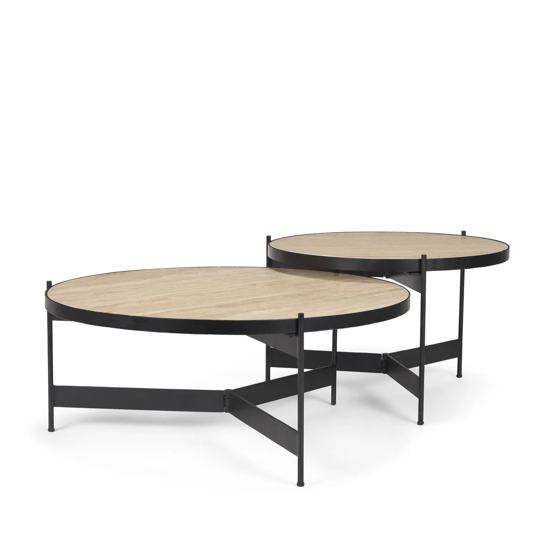 Set Of Two Beige and Black Stone and Iron Round Nested Coffee Tables Homeroots Living Room