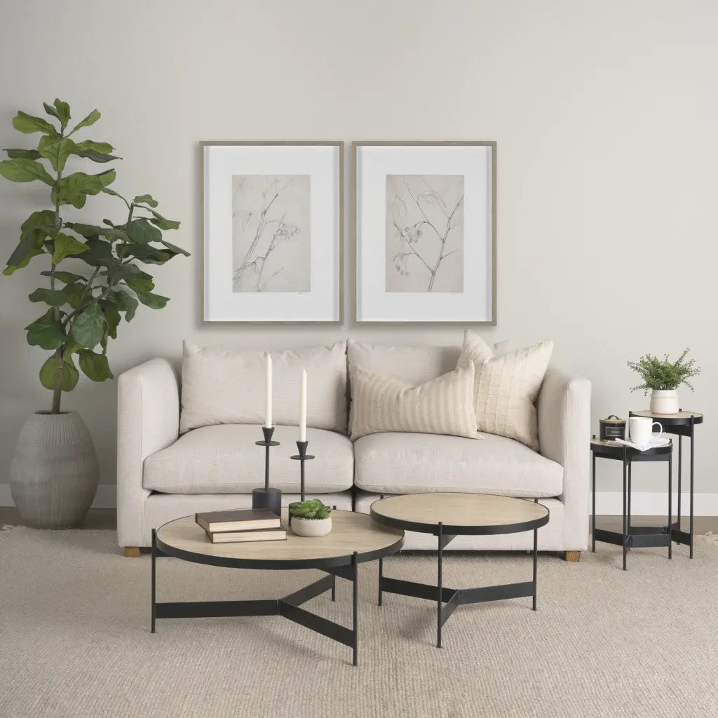 Set Of Two Beige and Black Stone and Iron Round Nested Coffee Tables Homeroots Living Room
