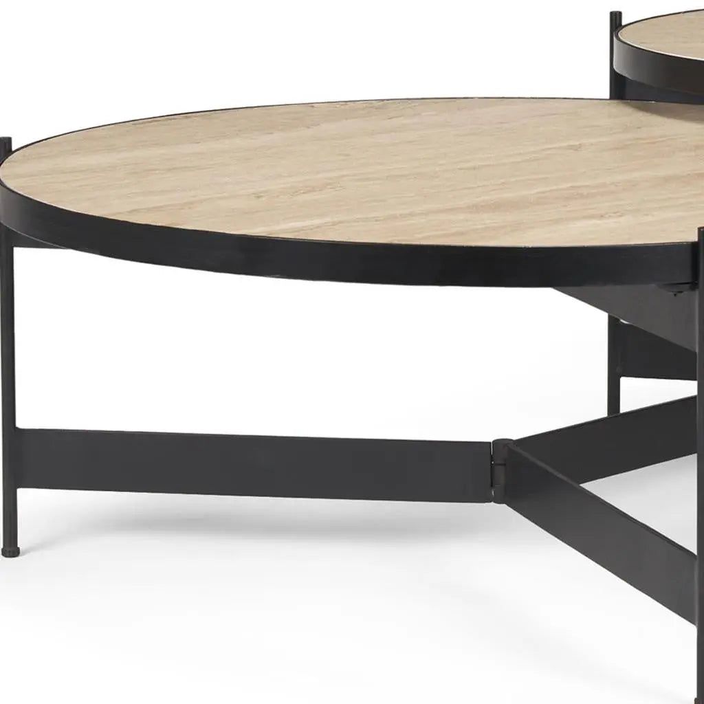 Set Of Two Beige and Black Stone and Iron Round Nested Coffee Tables Homeroots Living Room