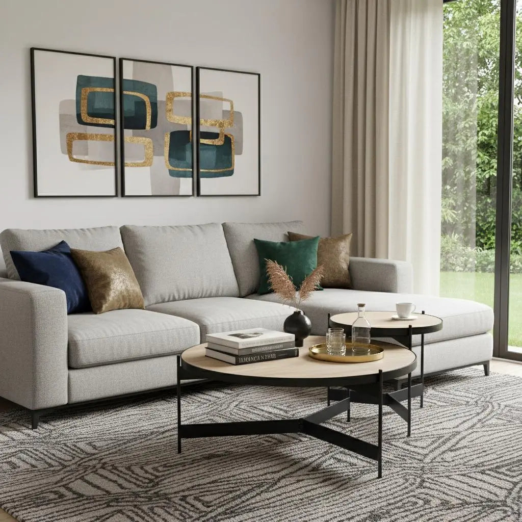 Set Of Two Beige and Black Stone and Iron Round Nested Coffee Tables Homeroots Living Room
