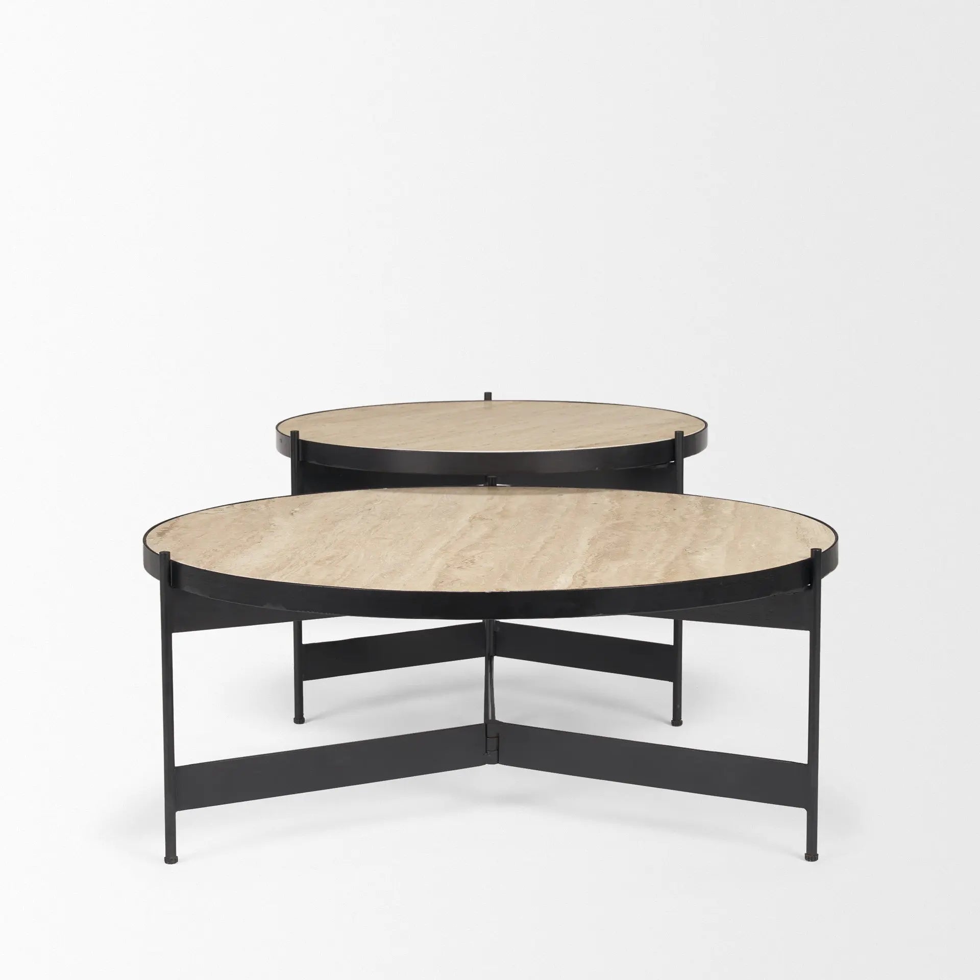 Set Of Two Beige and Black Stone and Iron Round Nested Coffee Tables Homeroots Living Room