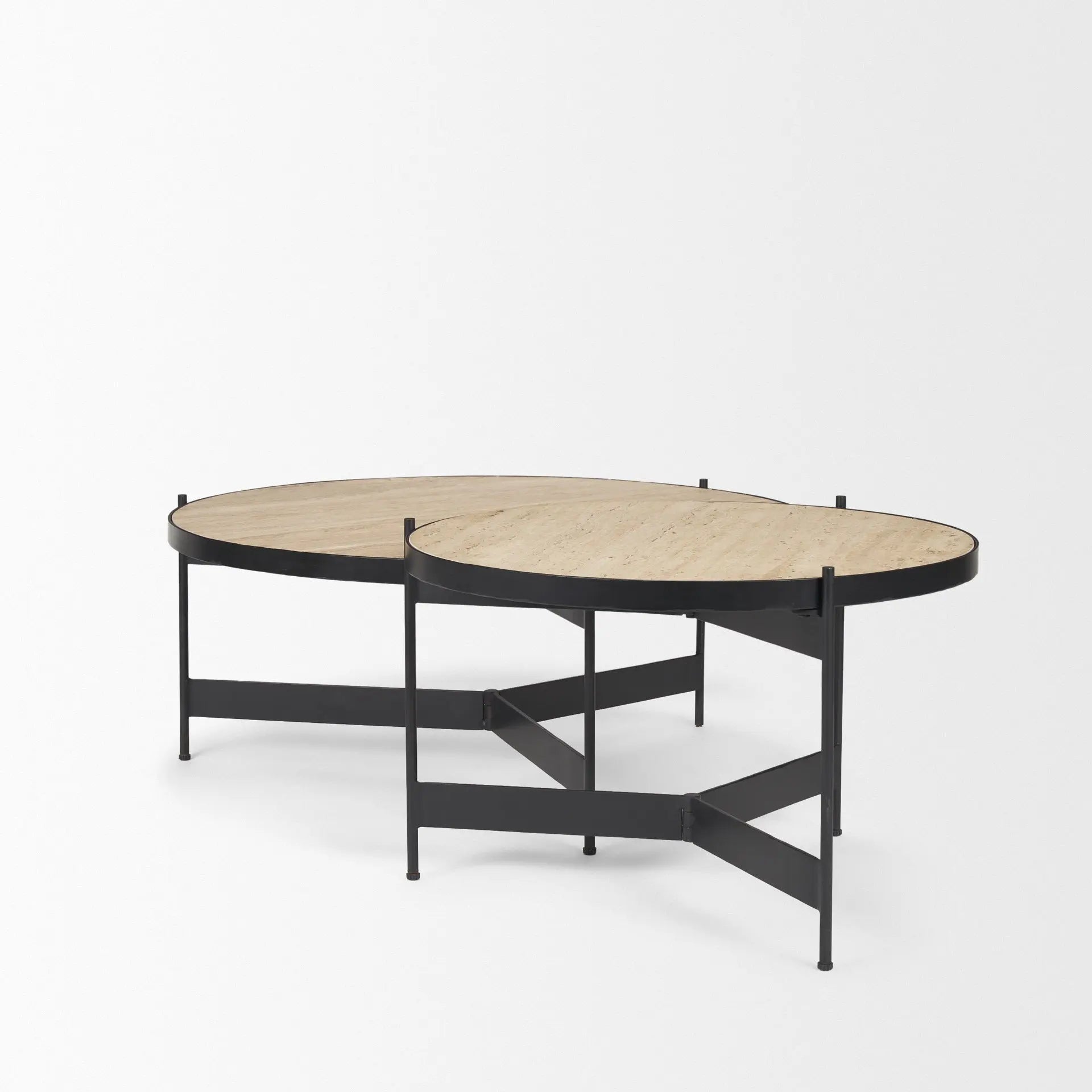 Set Of Two Beige and Black Stone and Iron Round Nested Coffee Tables Homeroots Living Room