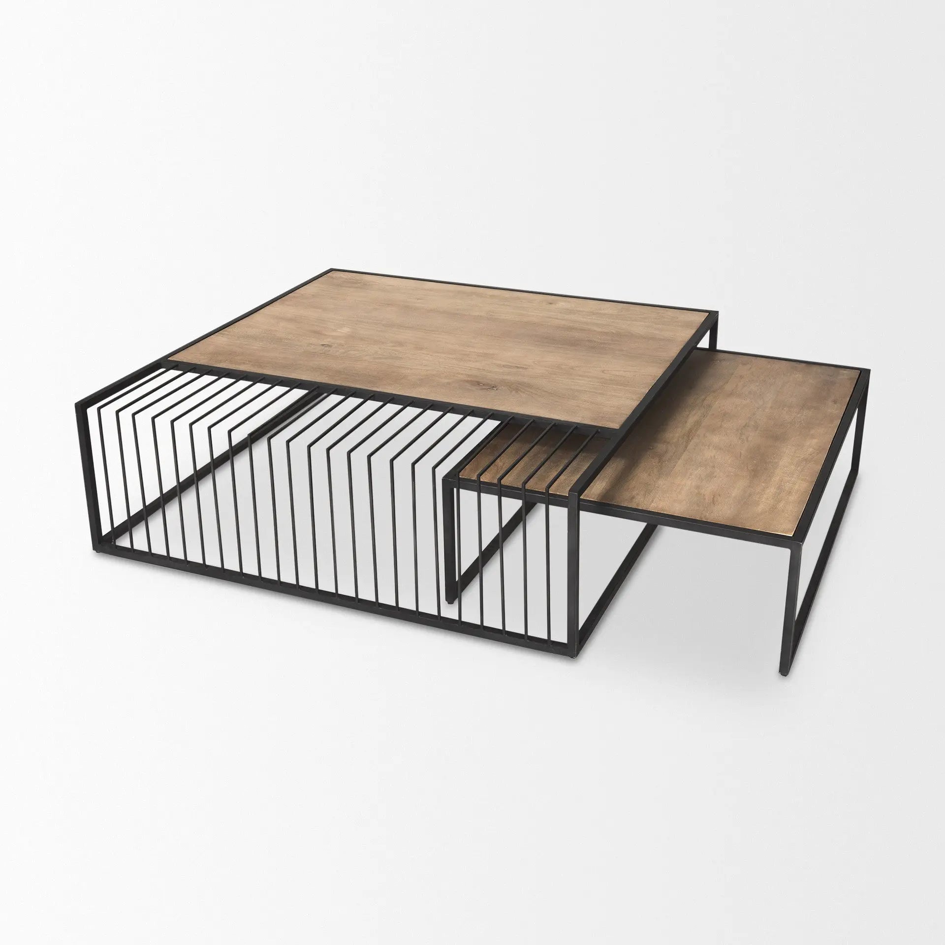 Set Of Two Brown and Black Solid Wood and Iron Square Frame Nested Coffee Tables Homeroots Living Room