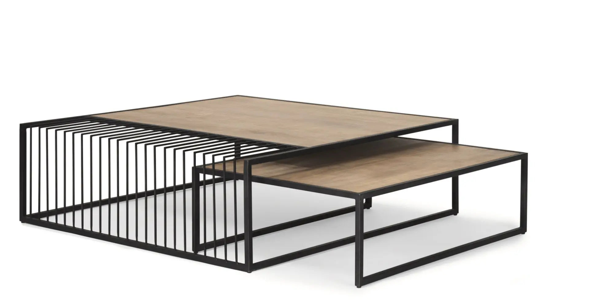 Set Of Two Brown and Black Solid Wood and Iron Square Frame Nested Coffee Tables Homeroots Living Room