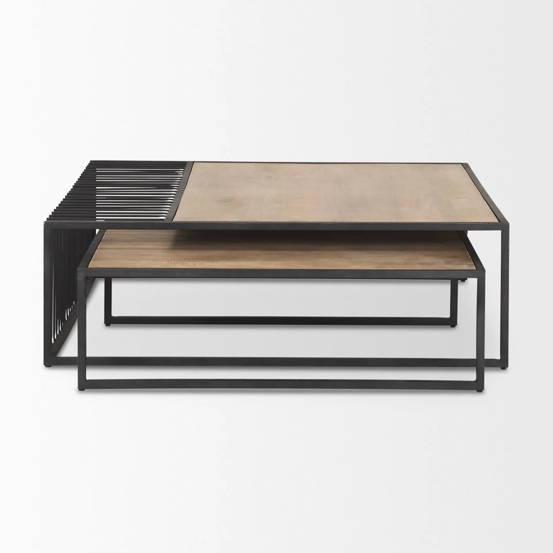 Set Of Two Brown and Black Solid Wood and Iron Square Frame Nested Coffee Tables Homeroots Living Room
