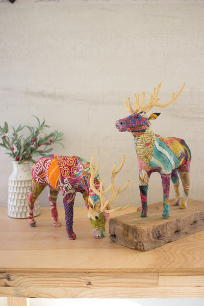 Set Of Two Kantha Covered Table Top Reindeer Kalalou