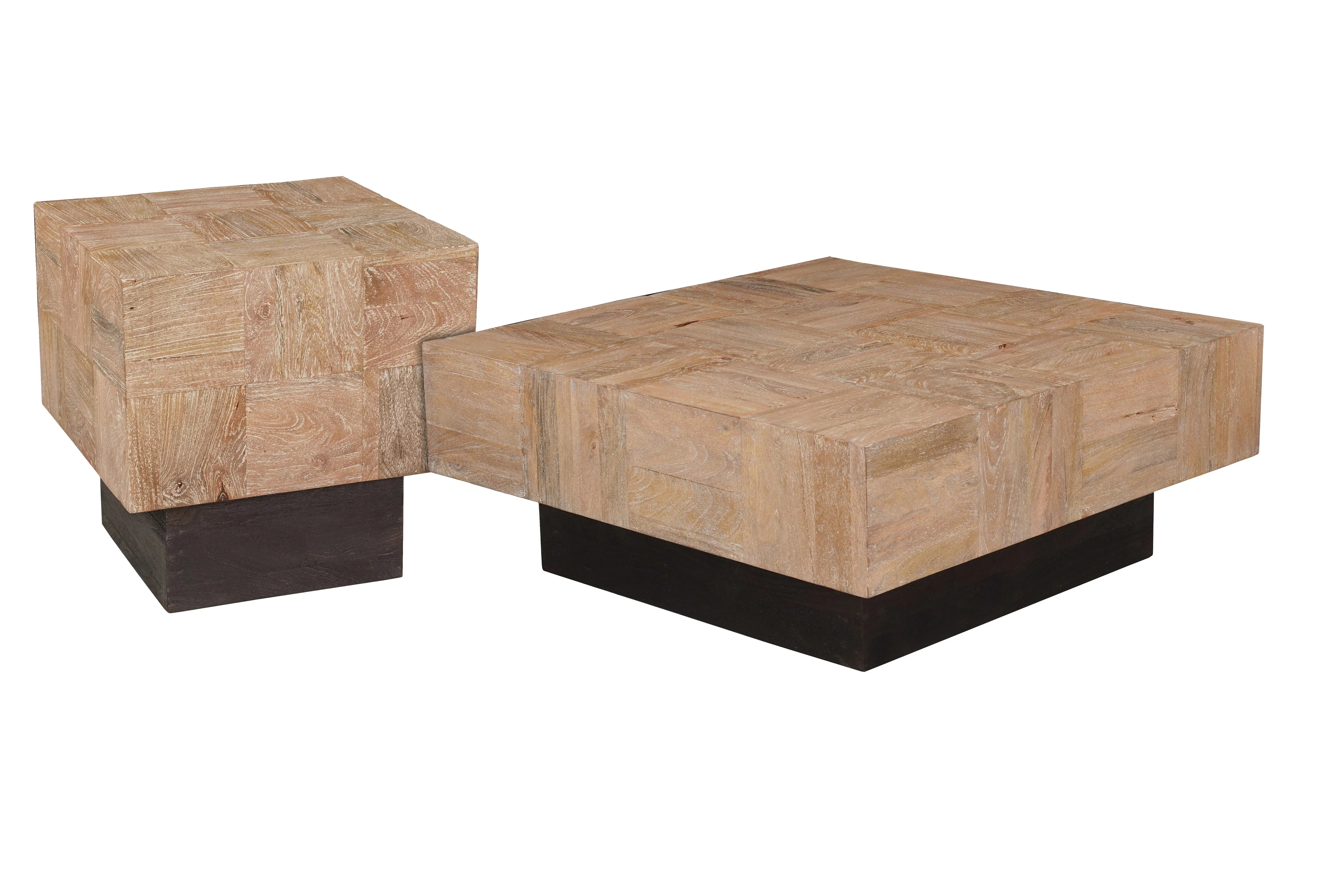 Set Of Two Natural and Dark Brown Solid Wood Square Block Coffee Table Homeroots Living Room