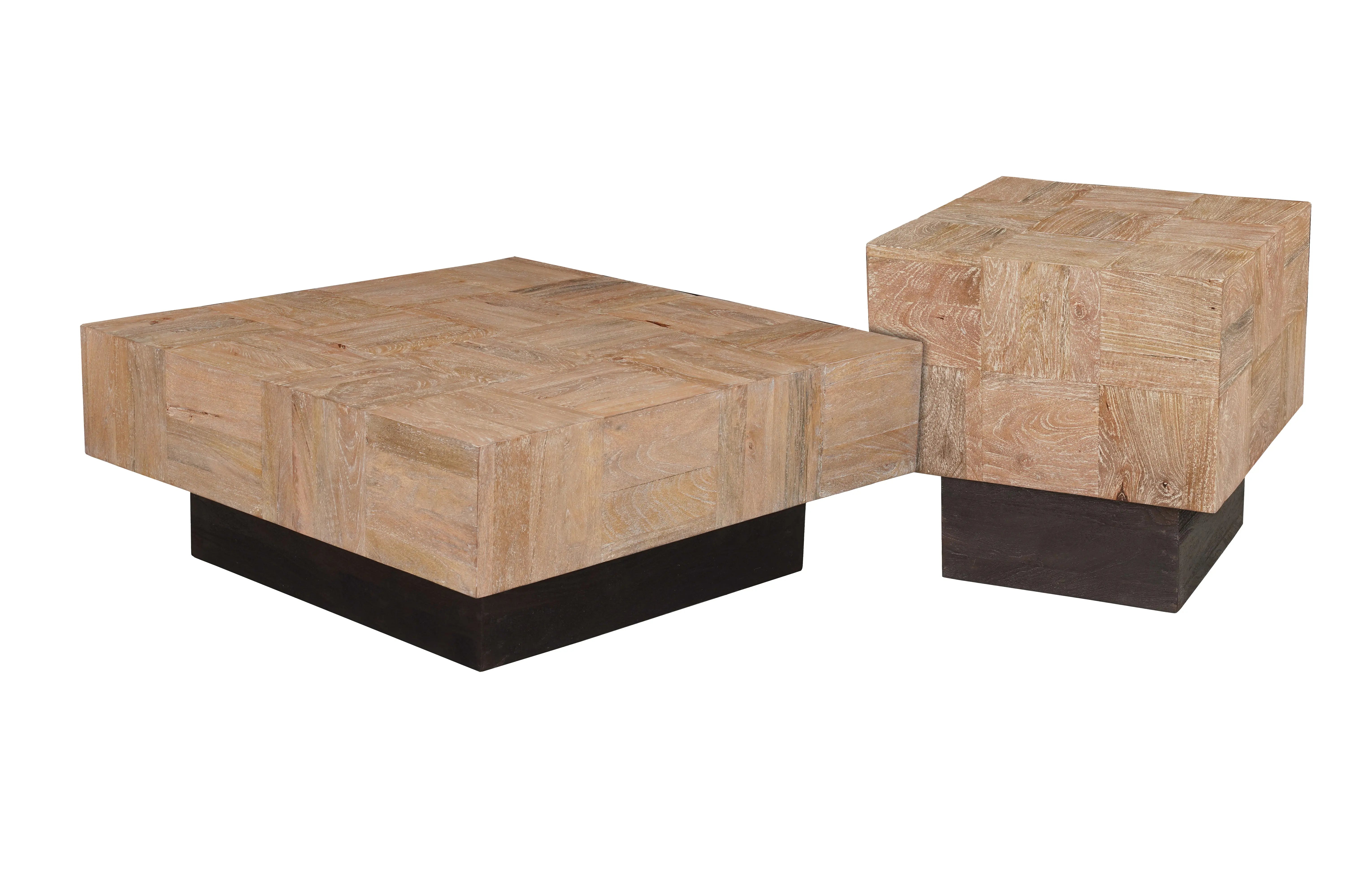 Set Of Two Natural and Dark Brown Solid Wood Square Block Coffee Table Homeroots Living Room