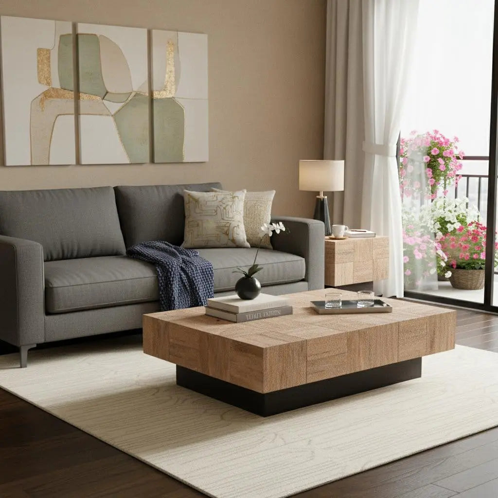 Set Of Two Natural and Dark Brown Solid Wood Square Block Coffee Table Homeroots Living Room
