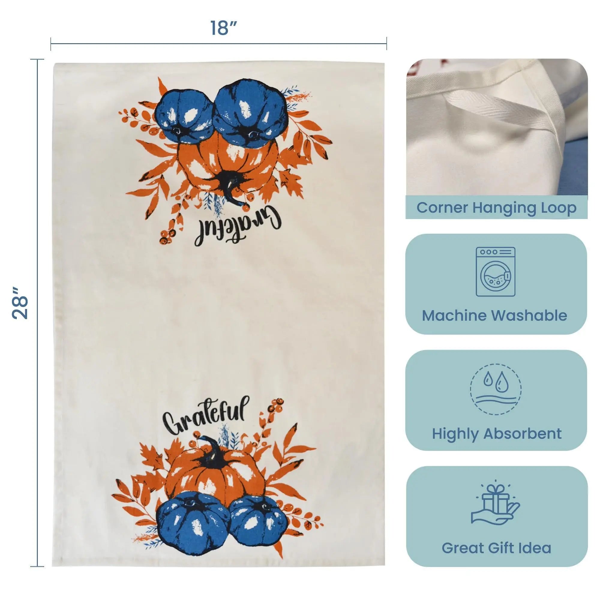 Set of 2 Grateful l Printed Dish Towels Hand Towels Boho Tea Towels   Multifunctional Stylish Absorbent Quick Dry Soft 18  x28  100% Cotton Blue & Orange The Fine Living Company