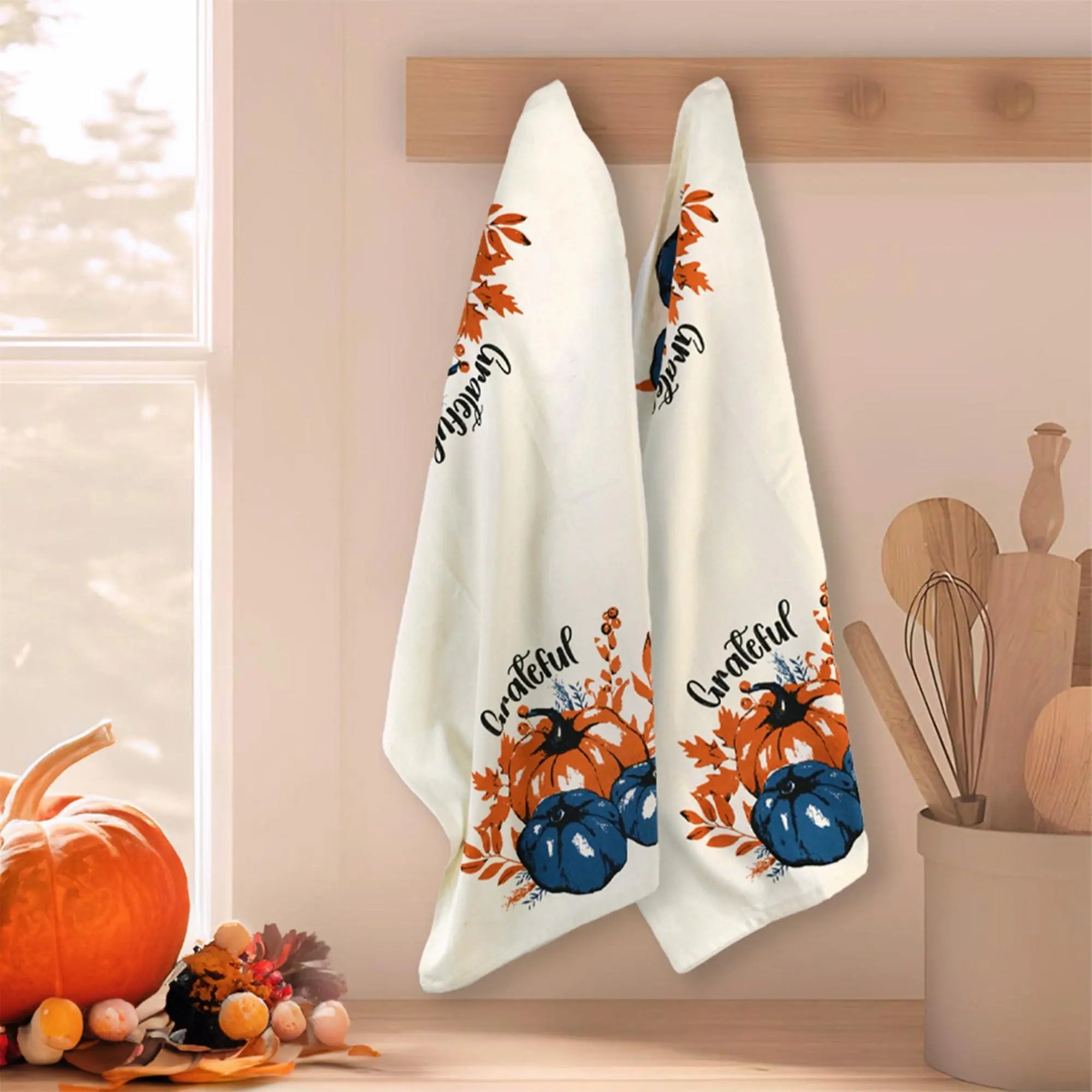 Set of 2 Grateful l Printed Dish Towels Hand Towels Boho Tea Towels   Multifunctional Stylish Absorbent Quick Dry Soft 18  x28  100% Cotton Blue & Orange The Fine Living Company