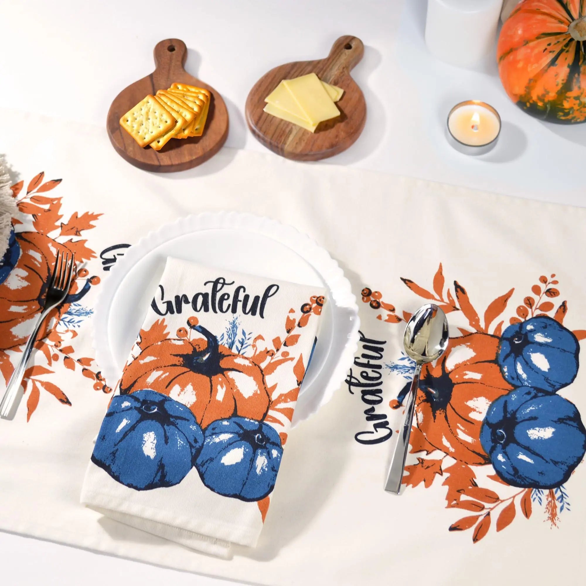 Set of 2 Grateful l Printed Dish Towels Hand Towels Boho Tea Towels   Multifunctional Stylish Absorbent Quick Dry Soft 18  x28  100% Cotton Blue & Orange The Fine Living Company