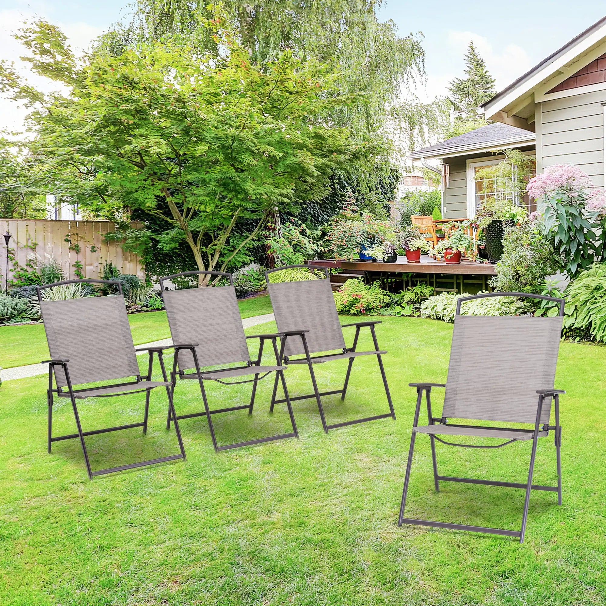 Set of Four 35" Brown Steel Sling Outdoor Folding Arm Chairs Homeroots Outdoor