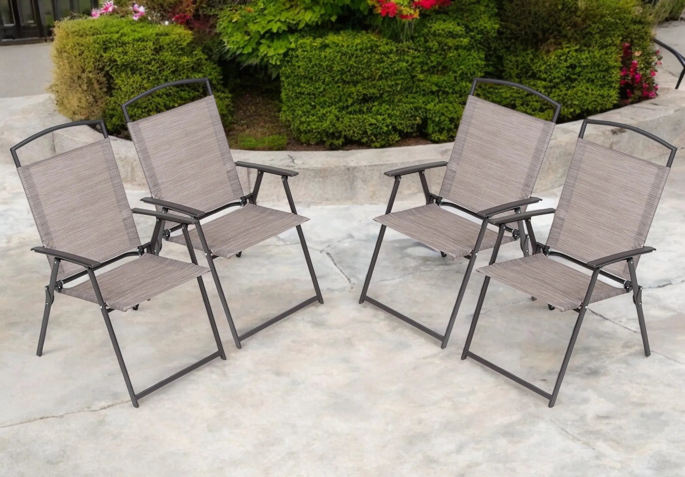Set of Four 35" Brown Steel Sling Outdoor Folding Arm Chairs Homeroots Outdoor