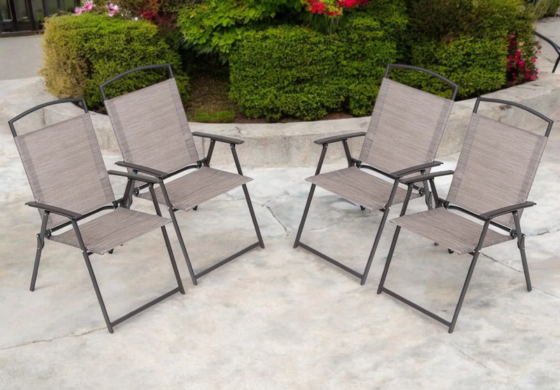 Set of Four 35" Brown Steel Sling Outdoor Folding Arm Chairs Homeroots Outdoor