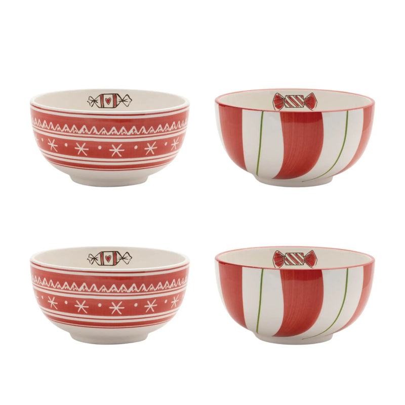 Set of Four 6" Red And White Ceramic Christmas Round Candy or Nut Bowls Homeroots Kitchen & Dining