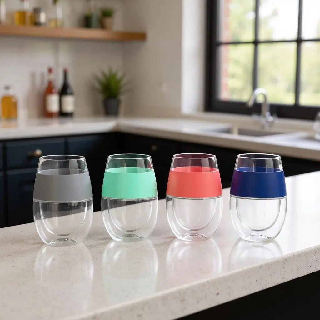 Set of Four Clear And Blue Tritan Plastic Convex Curve Shape Stemless All Purpose Wine Glass Homeroots Kitchen & Dining